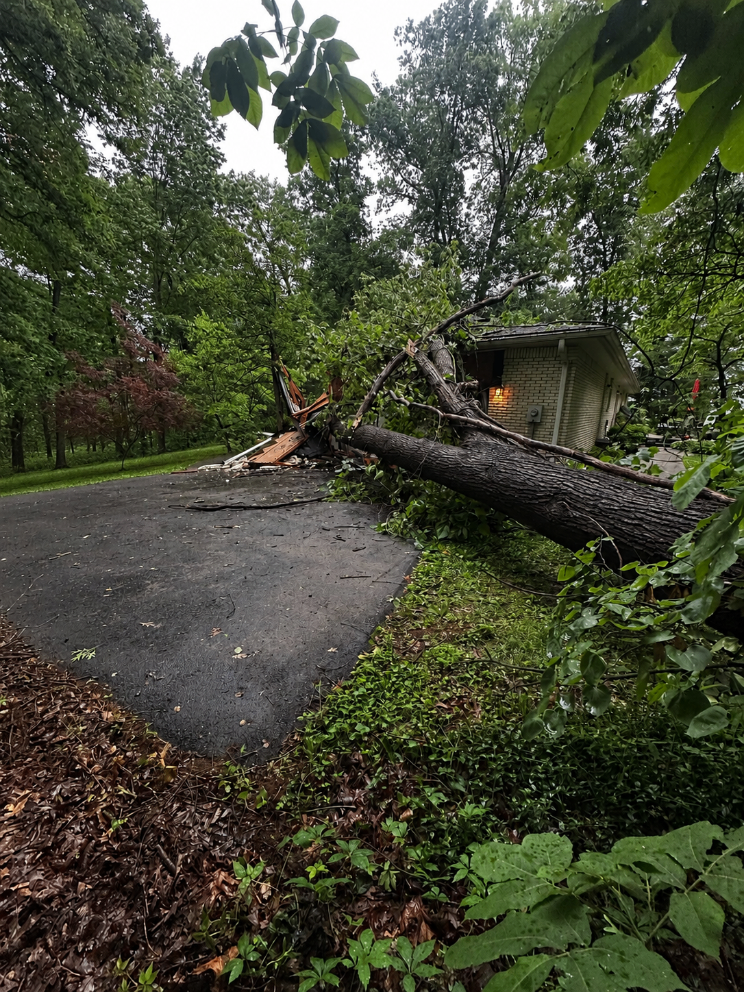 Large tree fallen across a driveway after a storm